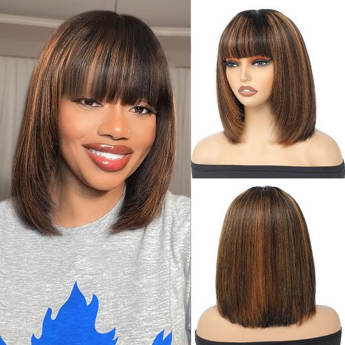 CLIONE Bob Wig with Bangs Human Hair 10 Inch Brown Highlight Wig Short Human Hair Wigs for Black Women 2.5x1 HD Lace Bob Wig Wear and Go Glueless Wigs Short Bob Wig Human Hair 180% Density 1B/30#