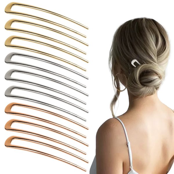 DonLeeving 9 PACK Metal U Shaped Hair Pins - Including 3 Colors, 3 Pieces of Each - For Women and Girls - Elegant Hair Accessories for Updos, Chignons, Hair Buns, and French Styles