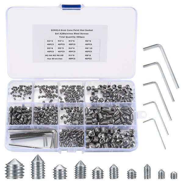 400 Pcs Set Screw Assortment Kit, Hex Allen Head Socket Cup Point Screws Set, Metric M3/M4/M5/M6/M8 nternal Hex Drive Grub Set Screws for Door Handles, Bathroom Fixture, with Hex Wrenches