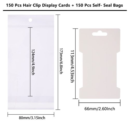 CEE Hair Clip Display Cards Organizer, 150 Pcs White Paper Cardboard Cards & Self-Seal Bags Set for Selling, Storing, Displaying Hair Bow, Barrettes, Jewelry