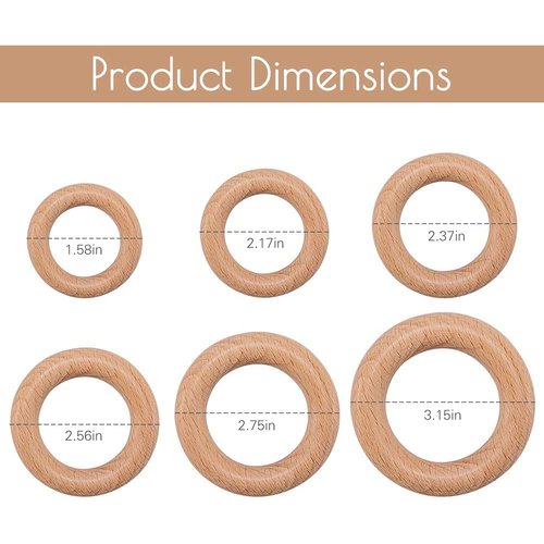 bopoobo Wooden Rings Natural Beech for Craft, Unfinished Wood Ring Circle Rings for DIY Baby Teething Toys, Baby Wooden Teether Accessories, Pendant Connector (10 Pcs, 55 mm)
