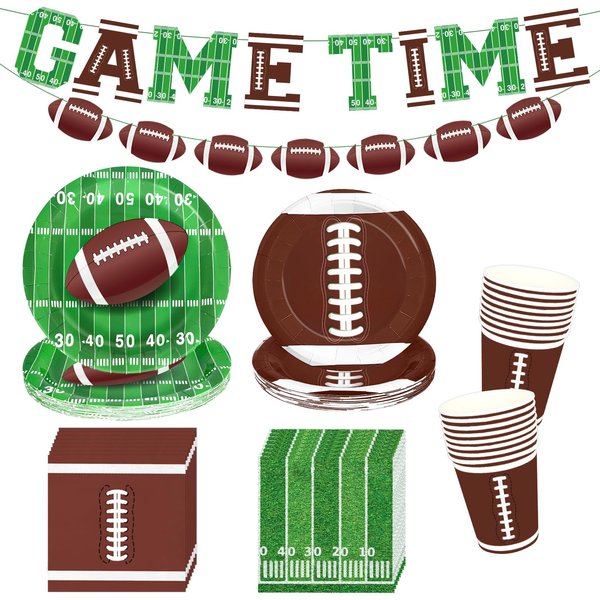 JCTHKUKU 122 Pcs Football Party Supplies Kit Serve 24, Football Party Dinner Plates, Dessert Plates, Napkins, Cups, Banner for Football Birthday Party Sports Game Day Tailgate Party Decorations