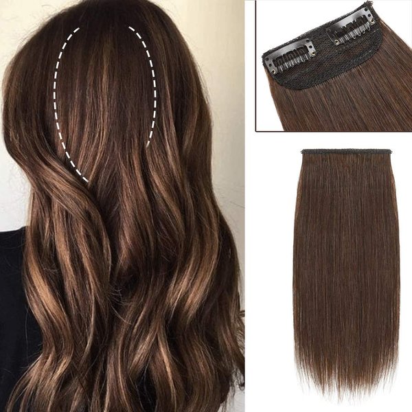 Rich Choices Clip In Mini Human Hair Extensions One Piece Short Straight Invisible Seamless Hairpin Hair For Thinning Hair Adding Hair Volume Cushion High Hair For Men Women(12'',#4 Medium Brown,17g)