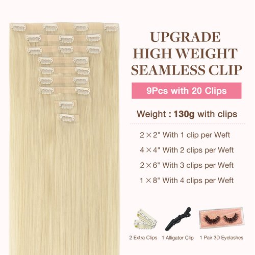GOO GOO Clip in Hair Extensions Real Human Hair, 16inch 130g 9Pcs, 60A Platinum Blonde, Remy Human Hair Extensions Clip ins for Women, Natural Human Hair
