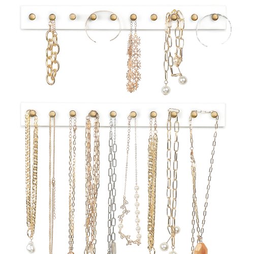 Mkono Necklace Holder Wall Mounted Set of 2 Rustic Wood Necklaces Hanger, Jewelry Organizer Hanging with 20 Metal Round Hooks, Jewelry Hooks for Necklaces, Bracelets, Chains, Keys,White