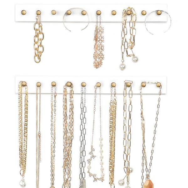 Mkono Necklace Holder Wall Mounted Set of 2 Rustic Wood Necklaces Hanger, Jewelry Organizer Hanging with 20 Metal Round Hooks, Jewelry Hooks for Necklaces, Bracelets, Chains, Keys,White
