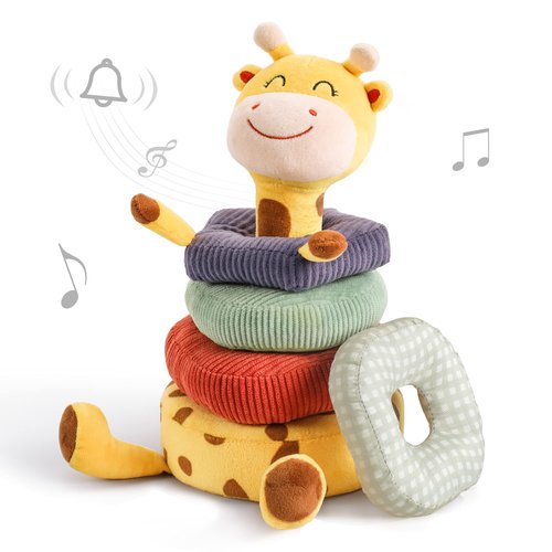 TUMAMA Plush Stacking Rattles Baby Toy Giraffe Stacks of Circles STEM Montessori Toy Baby Shower Deer Woodland Stuffed Animals Gift for 3 6 9 12 18 Months 1 Year Olds Infant Toddler Boy Girl