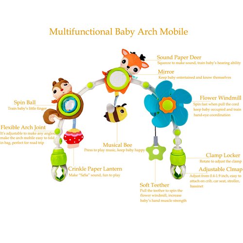 Baby Stroller Arch Mobile, Adjustable Musical Cirb Mobile Toys with Universal Clamps, Versatile Activity Toy Bar for Baby Bouncer Infant Car Seat Toys Stroller Toys Mobile for Bassinet Crib - Orange
