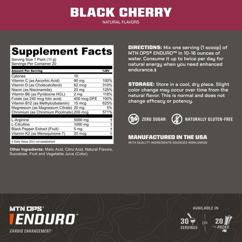 MTN OPS Enduro Nitric Oxide Stim Free Pre Workout | Magnesium Citrate, L Arginine & L Citrulline Caffeine Free Preworkout | 30 Serving Black Cherry