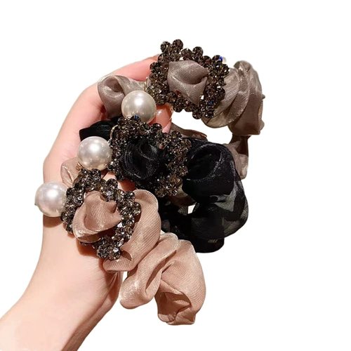 Xiwstar 3Pcs Rhinestone Pearls Scrunchies Hair Ties Silk Satin Scrunchy Hair Elastics Bands Ponytail Holder Hair Accessories for Women Girls