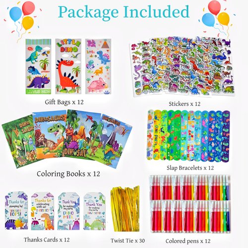 CORTUNARIO Dinosaur Party Favors for 12 Kids, Dinosaur Birthday Party Supplies, Dinosaur Goodie Bags for Boys Girls, Dinosaur Gifts Bags Fillers Pinata Stuffers, Dinosaur Party Toys Coloring Books