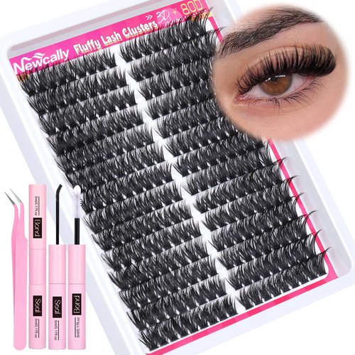 Fluffy Lash Clusters Kit Wispy Lash Extension Kit 80D Eyelash Clusters Kit D Curl Thick Volume DIY Eyelash Extension Kit 9-16MM Faux Mink Cluster Lashes Kit by Newcally