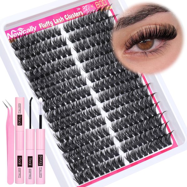 Fluffy Lash Clusters Kit Wispy Lash Extension Kit 80D Eyelash Clusters Kit D Curl Thick Volume DIY Eyelash Extension Kit 9-16MM Faux Mink Cluster Lashes Kit by Newcally