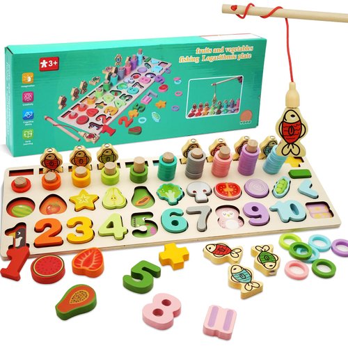 Wooden Magnetic Fishing Game, 5 IN 1 Montessori Preschool Educational Toy for 1-3, Wooden Alphabet Number Shape Puzzles for Kids, Wooden Rings Counting Sorting Toys Math Shape Block for Toddler 3 4 5
