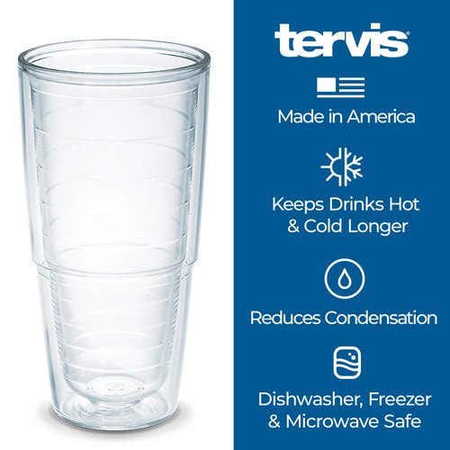 Tervis Clear & Colorful Tabletop Made in USA Double Walled Insulated Tumbler Travel Cup Keeps Drinks Cold & Hot, 24oz - 2pk, Clear and Red