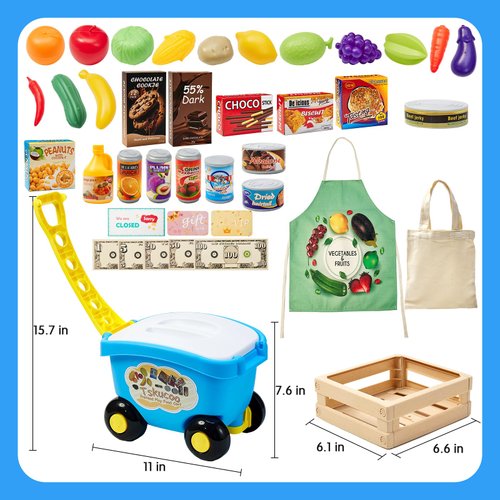 Kids Shopping Cart, Grocery Store Pretend Play Food Toys and Accessories with NO Assembled Trolley for Toddlers Boys Girls 3 4 5 Year Old