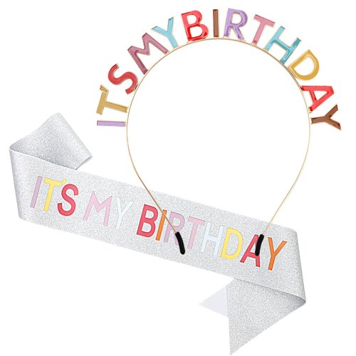 BAHABY Birthday Crowns for Women Set: Princess Tiara, Birthday Sash & Headband - Multicolor Happy Party Accessories for Girls