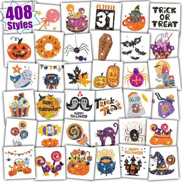 Partywind 408 PCS Glitter Tattoos for Kids Halloween Party Supplies, Individually Wrapped Cut Tattoos for Halloween Goodie Bag Stuffers, Halloween Treats for Kids Trick or Treat Party Decorations