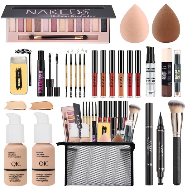 All in One Makeup Kit for Women Full Kit, 12 Colors Eyeshadow, Foundation & Primer, Lipsticks, Mascara, Makeup Brush & Sponge, Brow Pencil & Soap, Eyeliner, Contour Stick, Cosmetics Bag