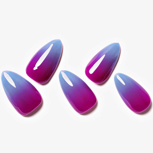 GLAMERMAID Press on Nails Medium Almond, Handmade Purple Blue Temperature Change Nails Polish Glue on Nails, 24Pcs Acrylic False Nails Kit Reusable UV Finish Full Cover Stick on Nails for Women Gift