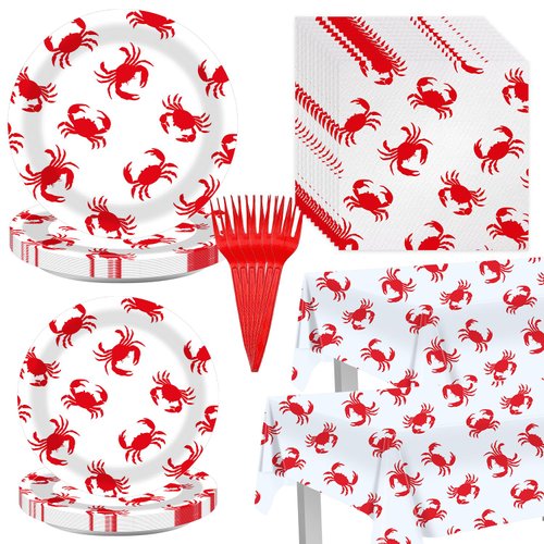 Crab Boil Party Decorations Tableware 98PCS Crab Party Supplies Crab Plate Napkin Tablecloth Fork Under The Sea Seafood Theme Birthday Party Supplies