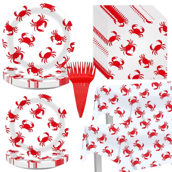 Crab Boil Party Decorations Tableware 98PCS Crab Party Supplies Crab Plate Napkin Tablecloth Fork Under The Sea Seafood Theme Birthday Party Supplies