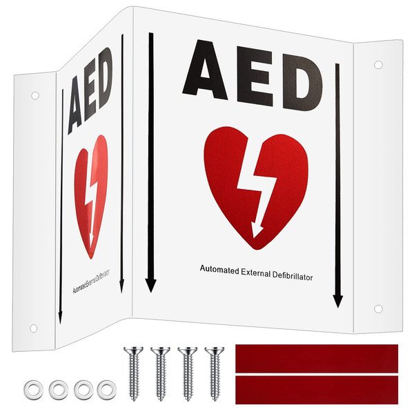 Kigley 1 Set AED Projection Sign 3D AED Defibrillator Sign with Graphic Portable AED Cabinet Sign 5'' x 6'' Aluminum Panel with Pre Drilled Mounting Holes and Double Sided Tapes, Screws, Washers