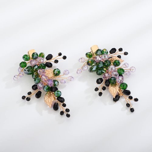 Teyglen Crystal Wedding Hair Clips Hair Barrettes Bridal Gold Leaf Hairpins Green Black Rhineston...