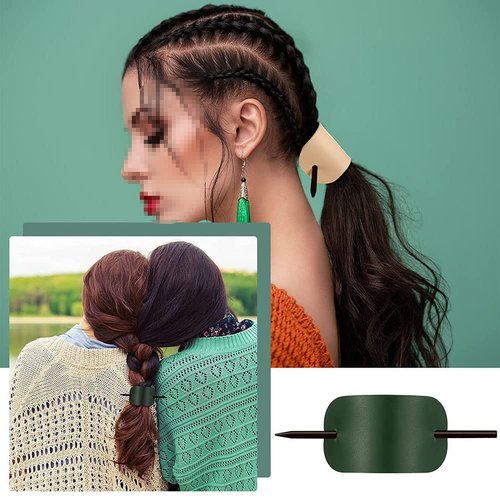 4PCS PU Leather Hair Clip Hair Barrette with Wooden Stick Hair Slide Pin Oval Shape Hair Pins Ponytail Holders Hair Accessories for Women Girls(red,green,pink,brown)
