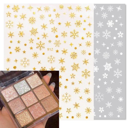 Okerker 9-Color Glitter Shimmer Eyeshadow Palette with Gold & White Snowflake Face Stickers Set – for Parties and Holidays