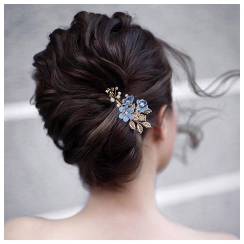 Iaceble Bridal leaf flower hair comb pearl wedding hair combs blue flower side comb rhinestone crystal headpiece Decorative Hair Accessories for Women and Girls Headdress (Blue)