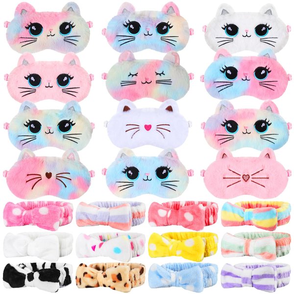 Newcotte Sleepover Party Supplies for Girls - 12 Plush Eye Masks, 12 Hair Bands with Bows, Faux Fur Face Masks (Vivid Style)