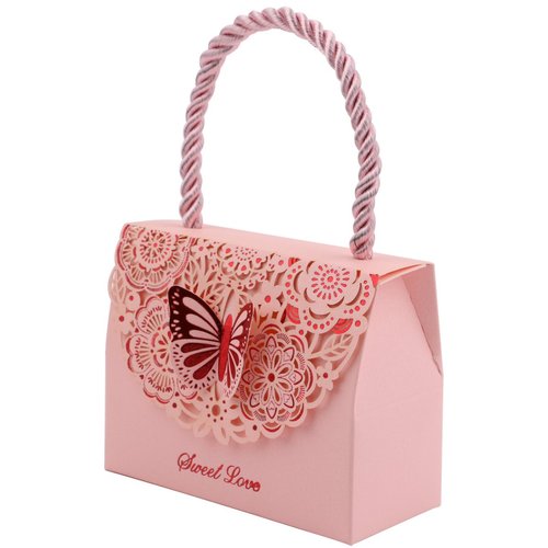 Driew Butterflies Purse Party Favor bags, 20 Pack Baby Shower Candy Gift Chocolate Favor Box Set with Handle for Wedding Decorative, Anniversary, Birthday Parties,Pink, 3.5"x1.6"x2.8"