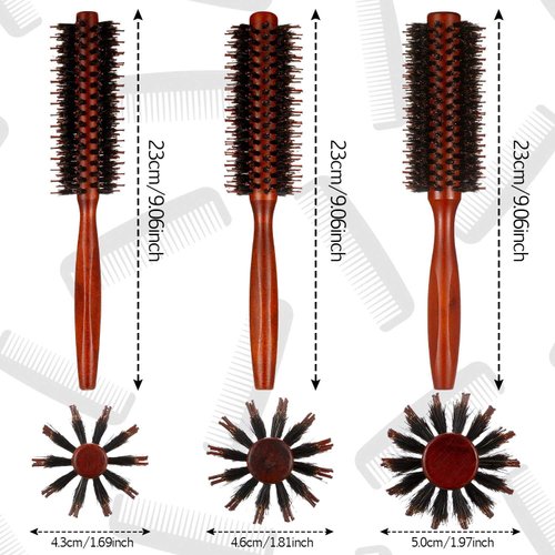 Boao 3 Pieces Boar Bristle Round Brush for Blow Drying Round Hair Brush with Wood Handle Quiff Roller Brush for Women Men (10/12/ 14 Rows)