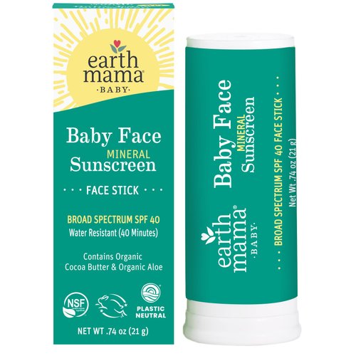 Earth Mama Baby Face Mineral Sunscreen Stick SPF 40 | Reef Safe, Non-Nano Zinc, Contains Organic Cocoa Butter & Aloe | Babies, Kids & Family 0.74-Ounce