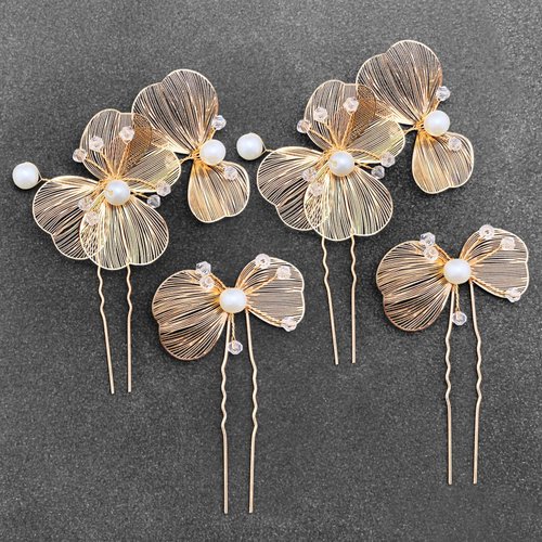 BETITETO Gold Bridal Hair Pins 4pcs Wedding Pearl Metal Flower Hair Pieces Accessories for Women Girls