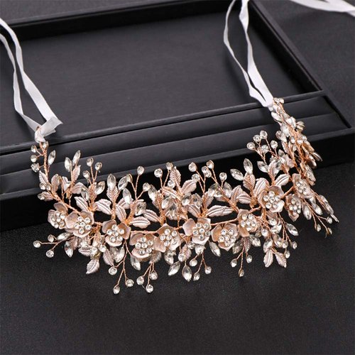 Anglacesmade Bridal Headband Leaves and Flower Hair Vine Crystal Tiara Crown for Wedding Hair Accessories for Women and Girls (Gold)