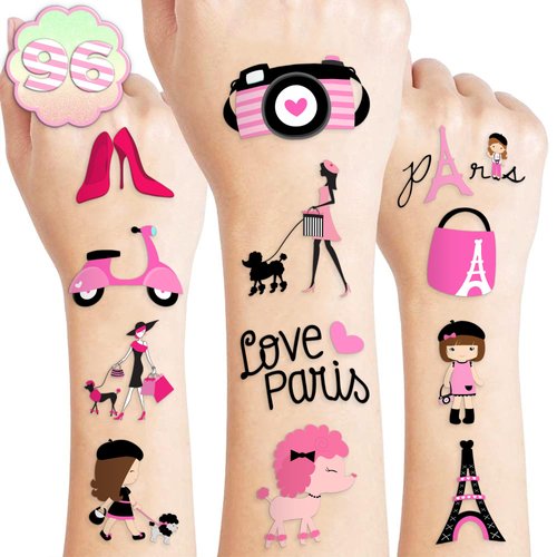 Paris Temporary Tattoos for Kids - Themed Eiffel Tower, Girl Birthday Party Decorations Supplies 96PCS Tattoos Stickers Cute Party Favors Girls Boys Gifts Classroom School Prizes Themed Christmas Pink