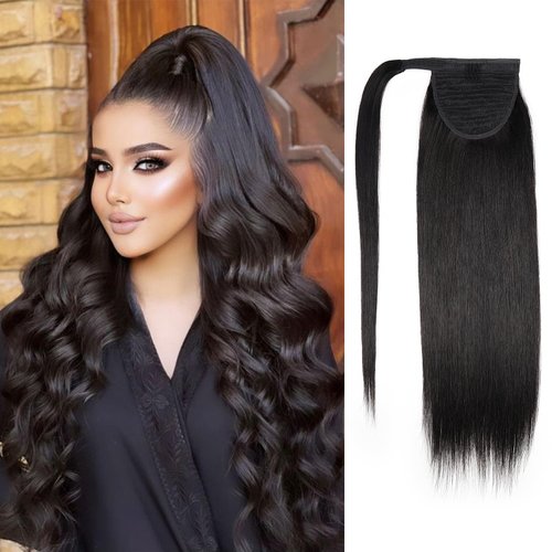 JIAMEISI Ponytail Extension Human Hair Wrap Around Clip in Hair Piece Ponytail Extension Human Hair Straight Ponytail For Black Women with Magic Paste 90G(20 inch, Natural Black #1B)