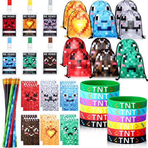 60 Pack Pixel Party Favors Supplies VIP Pass Gamer Mini Pixel Notepads Pixelated Wristband Bracelets Pixel Party Bags for Gaming on Pixel Style Game Theme Birthday Party