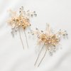 SWEETV 2 Pieces Bridal Wedding Hair Pins Flower Pearls Clips Crystal Headpiece Gold Accessories Leaf Bobby Pins Jewelry for Bridesmaids Party Piece Women and Girls