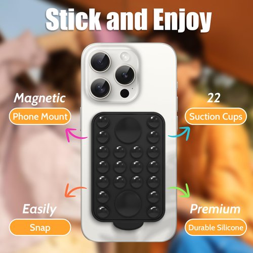 LDSXAY Suction Cup Phone Mount for MagSafe, Hands-Free Magnetic Phone Suction Grip for Selfies and Videos, Mirror Shower Phone Holder Compatible with iPhone 16/15/14/13/12 Series (Black)