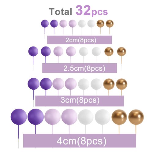 ASTARON 32 Pcs Ball Cake Topper Decorations Mini Balloons Cake Topper Sticks Foam Balls Cake Picks Cake Topper Balls Cake Decorations for Wedding Party Birthday Cake Decorating (Purple Gold)