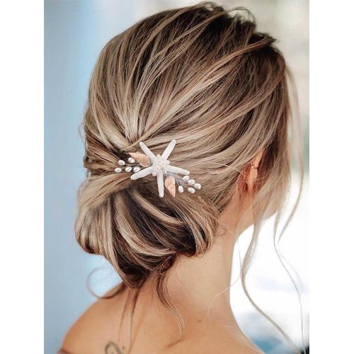 Gorais Starfish Beach Wedding Hair Clip Silver Pearl Bridal Hair Piece Conch Hair Decoration Hair Accessories for Bride and Flower Girls (Pack of 1)