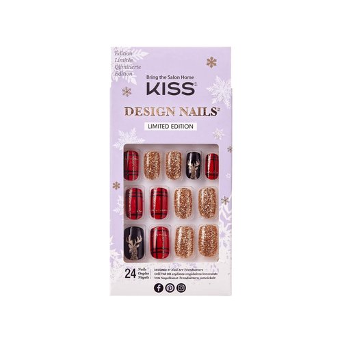 KISS Special Design Limited Edition Holiday Fake Nails, Style ‘Christmas Miracle’, Multi-Colored Medium Square, with Nail Glue, Mini File, Manicure Stick & 24 False Nails