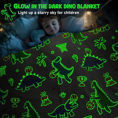 Dinosaur Toys for Ages 2-4 - Dinosaur Gifts for Kids 5-7, Dino Blanket Boys 8-13 Present Birthday Christmas, Flannel Throw Blanket Glow in The Dark, Valentine's Day Easter Teen Kid 3-5 Child Gift