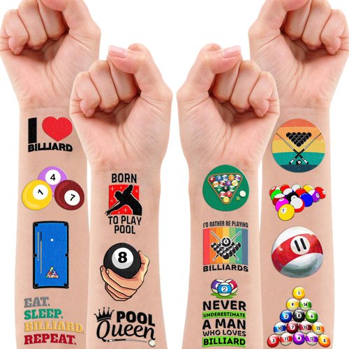 107 PCS Snooker Billiards Themed Temporary Tattoos Themed Birthday Party Decorations Favors Supplies Decor Cute Pool Ball Sports Tattoo Stickers Gifts for Game Kids Boys Girls School Rewards Carnival