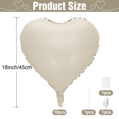 GRESATEK White Heart Balloons,10Pcs Cream White Foil Heart Shaped Balloons,18Inch Beige Helium Mylar Balloons for Valentines,Engagement,Brithday,Baby Shower,Wedding Party Decorations