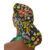 Ponytail Long Hair Covers for Women - Colorful Adjustable Scrub Caps - Cotton Scrubs to Cover Head - Made in USA (Yellow, Orange, and White Flowers on Black Scrub)