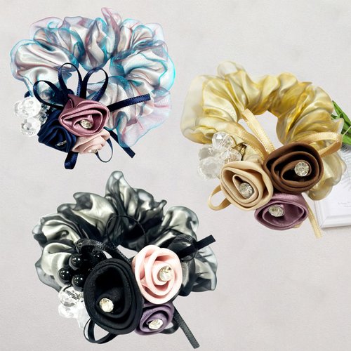 Flower Hair Scrunchies for Women, UNLONLEG 3Pcs Rose Rhinestone Hair Ties No Damage, Jewelry Rubber Band, Cystal Elastic Hair Tie, Hair Accessories for Women & Girls, Blue, Light Brown and Black(A#)